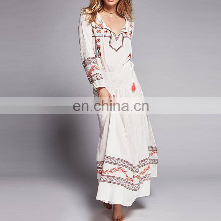 Women maxi long sleeve embroidered chic wholesale bohemian dress