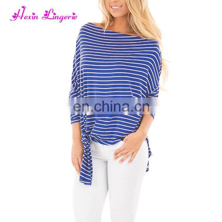 Private Label blue Striped long sleeves tops tshirt women casual blouse designs