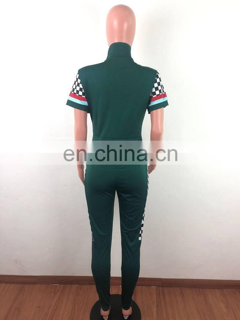 Summer Sexy V Neck Jumpsuits Plaid High Waist Rompers Front Zipper Womens Jumpsuit Bodycon Overalls Short Sleeve Playsuit