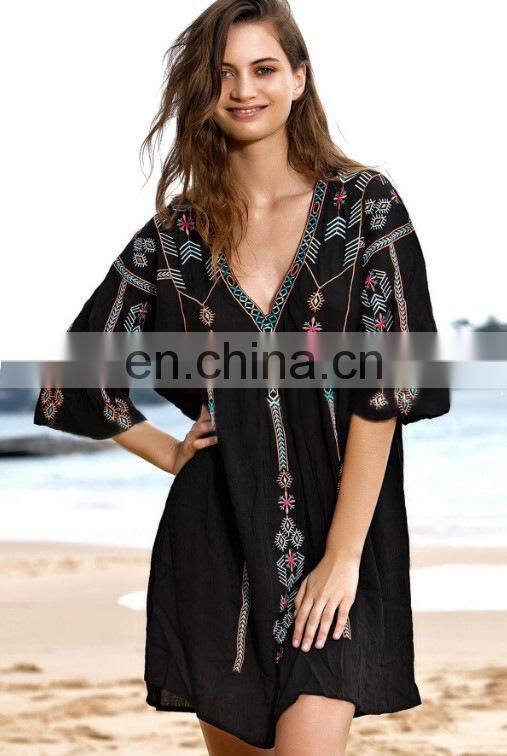 2019 Black Bohemian Embroidered Summer Beach Wear Cover-ups Cotton Tunic Women Sexy Mini Dress Swimsuit Cover Up Sarongs