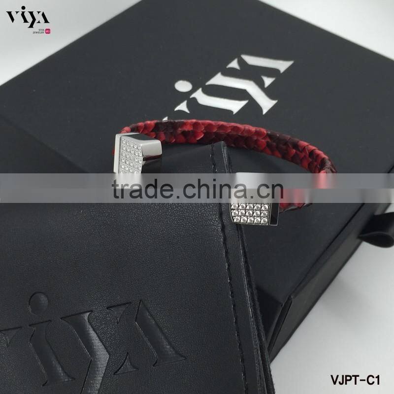 C Shape Python Leather Bracelet Stainless Steel High End Zircon Stone Crystal Red Black Leather Gold Plated Clasp Bangle