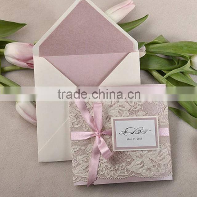 Hot sale elegant & personalized white lace wedding invitations with purple&white ribbons