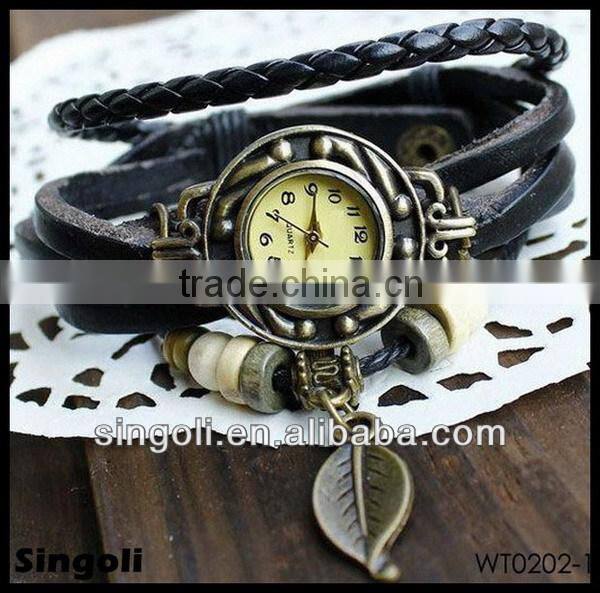 2014New design genuine leather band watch, leaf pendant vingtage watch