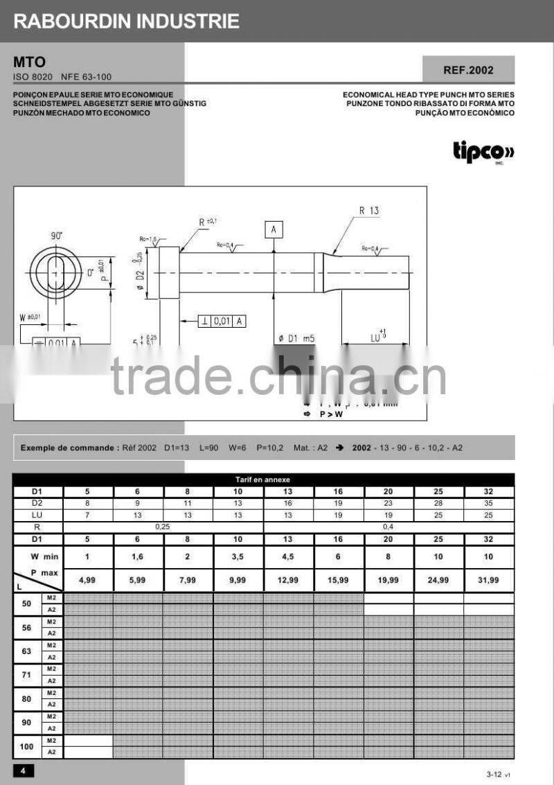 Rabourdin MTO standard ISO 8020 economical head type punch