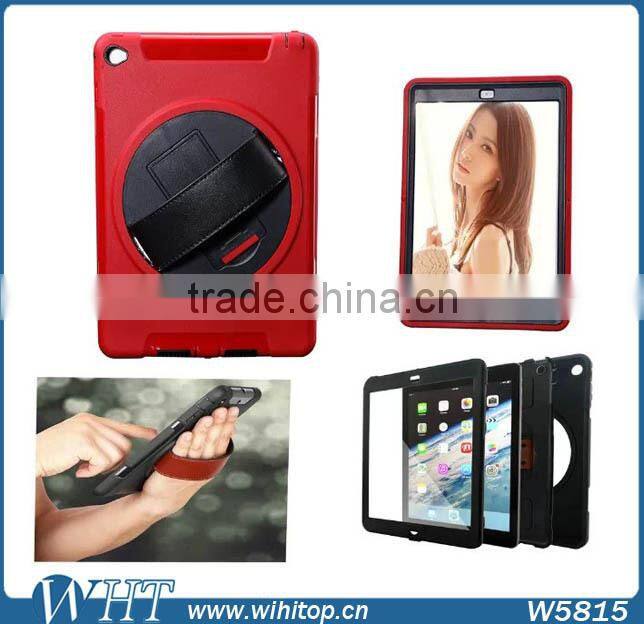 Genuine Leather Hand Strap Rotating 3 Layer Heavy Duty Hybrid Armor Case for iPad Mini 1 2 3, with Touchable Screen