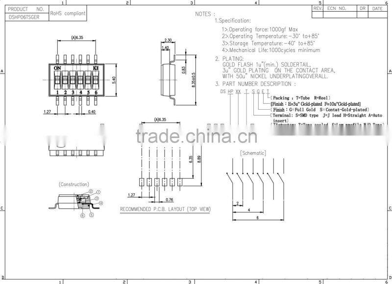 6 pin 1.27mm SMD DIP switch
