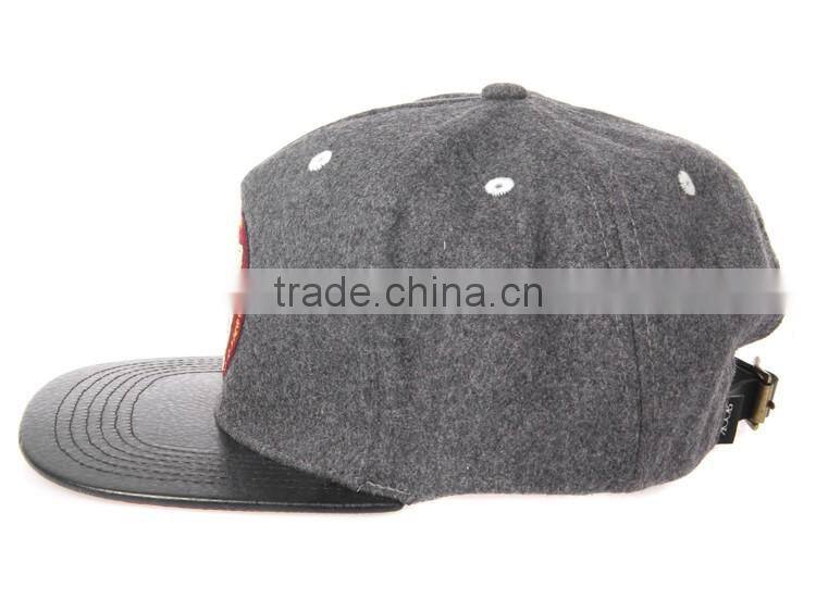 applique snapback cap with flat leather brim red under brim wholesale