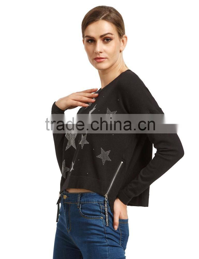 Hot sell zipper star rhinestone fashion style women sweater