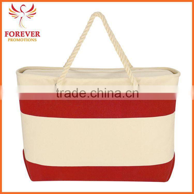 Custom Logo Print Top Zippered Closure Canvas Tote Bag With Rope Handles