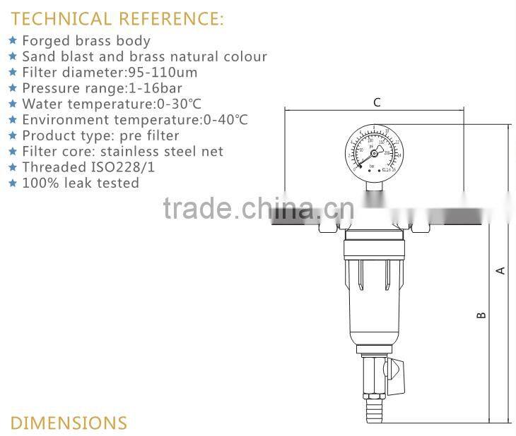 ART.5073 Household 1/2" forged body natural color sand blast brass sediment pre water filter with gauge meter for the pipeline