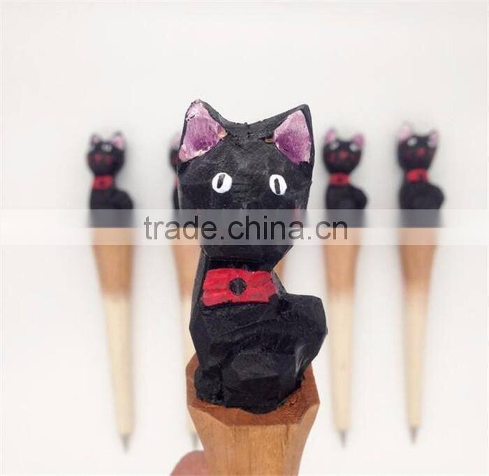 Cute lifelike kitty top carved wood ballpoint pen
