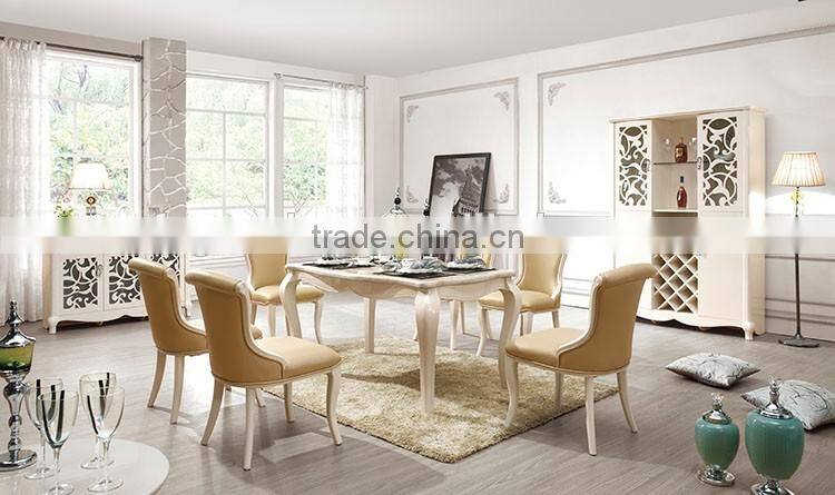 white lacqured luxury wooden dining room furniture sets with marble top dining table and leather chairs