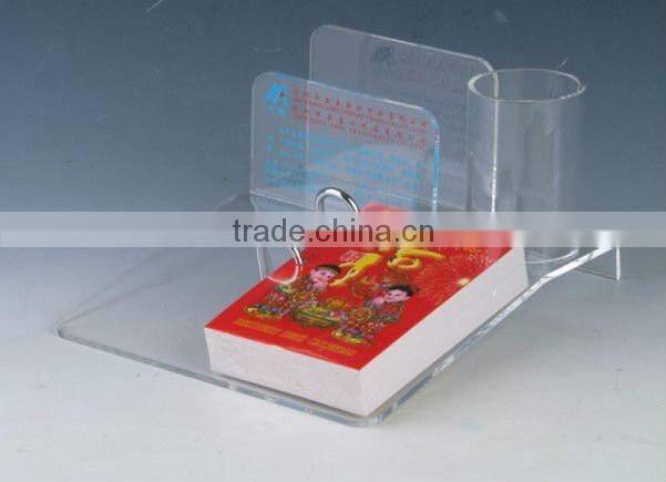 clear acrylic desk calendar display stand with a pen box, transparent plexiglass calendar holder with 4x6inch