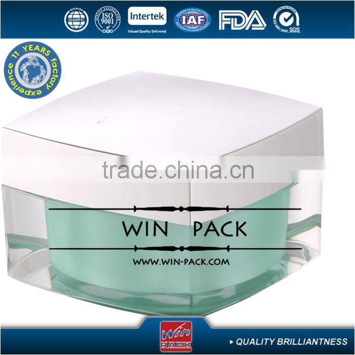 50g green color top material square plastic jar, acrylic cream bottle,with shiny silver cap
