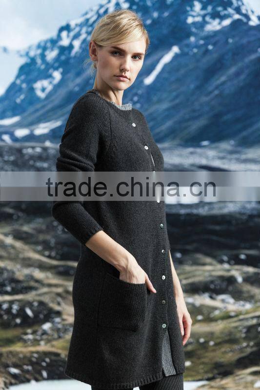 2014 new fashion sweater cashmere round neck with buttons and pocket