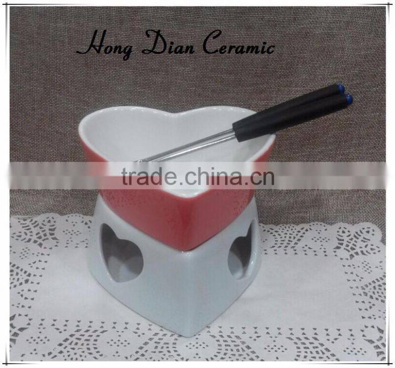 fondue shape heart set ,Red Chinese Heart Shape Ceramic Chocolate Fondue