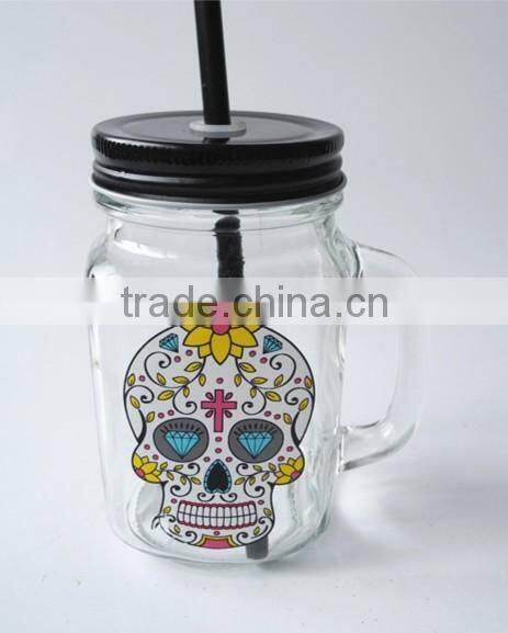 Wholesale Price skull head printing Glass Mason Jar With Handle