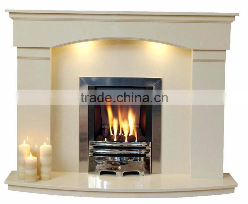 Modern clean lines beige marble fireplace surround