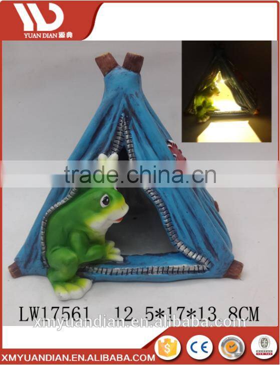 Vivid Green Frog in Blue Tent Solar Gate Light Garden Polyresin Solar Light