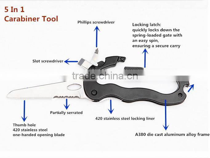 Multifunction Pocket Tool 5 in 1 Climbing Carabiner Tool with Knife