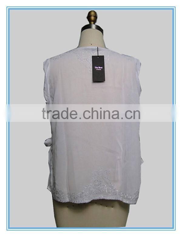 White Chiffon Embroidery Design Casual Blouse For Fat Woman Clothing