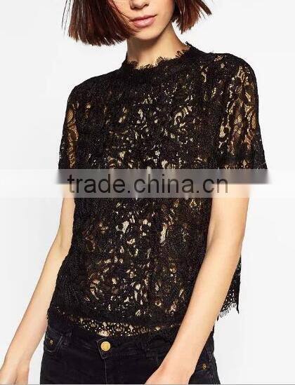Runwaylover EY2368B Hot Sale 2017 Ladies Hollow Out Shrt Sleeve Lace T-Shirts