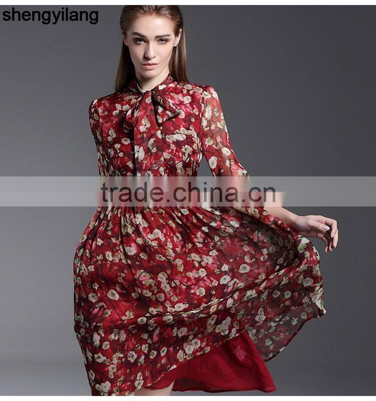ladies floral printed literary traditional silk dress with knot neck