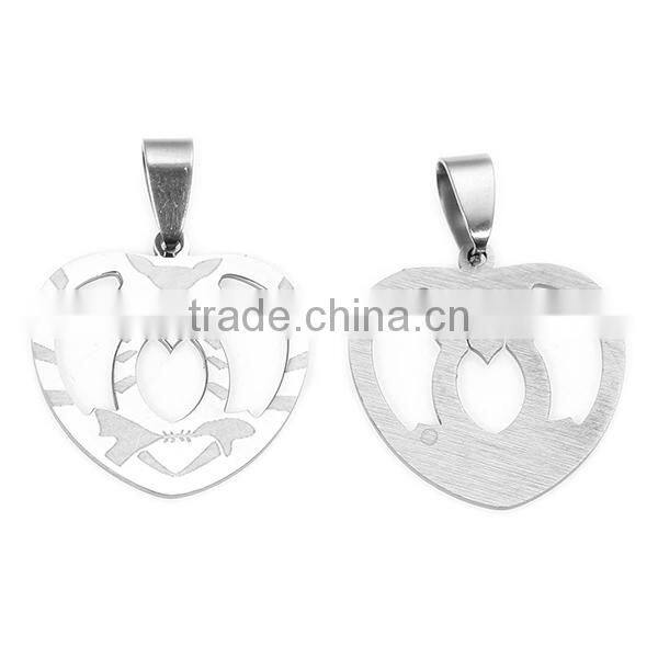 Stainless Steel Pendants Heart Silver Tone Halloween Owl Carved Hollow 34mm x 25mm