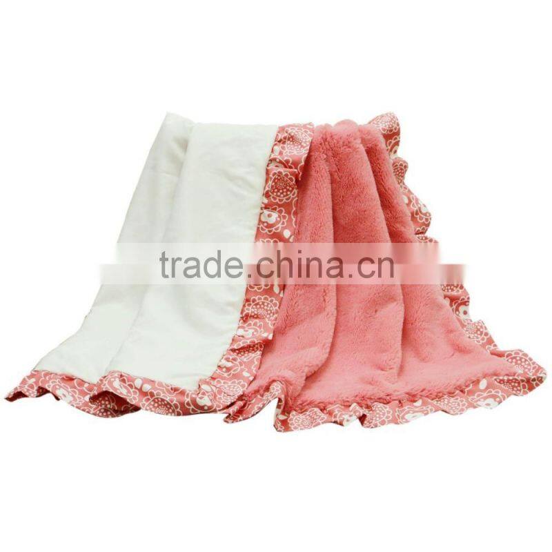 Coral Pink and White with Floral Print Ruffle Reversible Velour Blanket