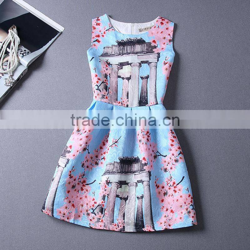 pink solid color printed A line dress/sym rose multi design sleeveless A line dress skirt