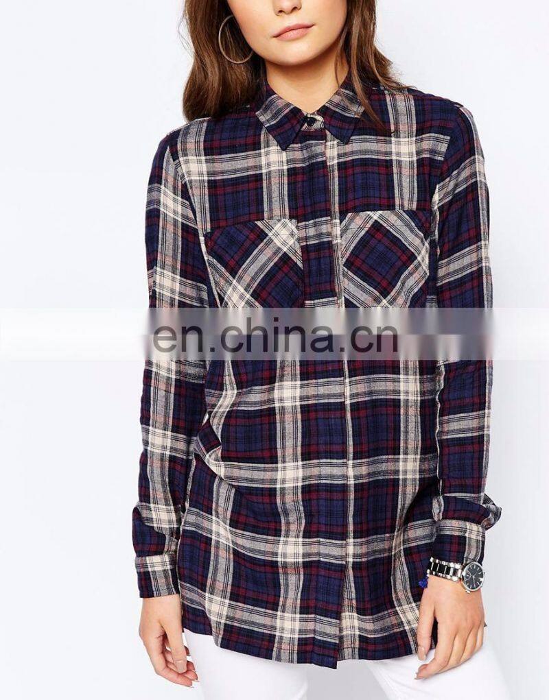 Vintage style 100%cotton woman grid shirt with side split