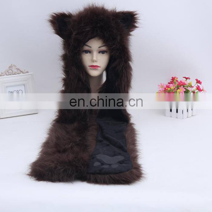 Plush Brown Bear Spirit Hoods Furry Animal Plush Hats With Mittens