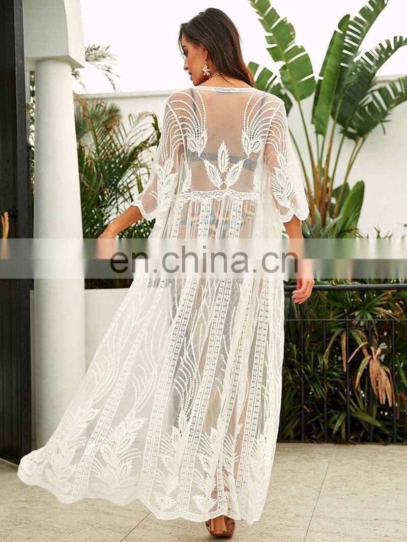 2019 Sexy See Through Self Belted Summer Beach Dress Transparent White Lace Tunic Women Beachwear Maxi Dress Sarong plage