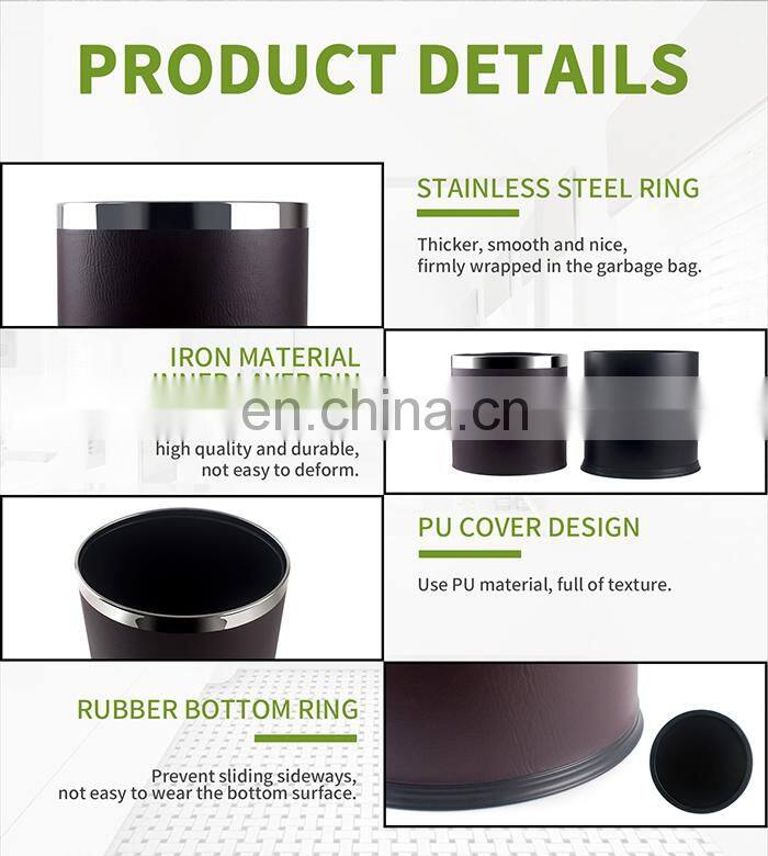 Honeyson hotel room 10L round leather stainless steel waste dust bin