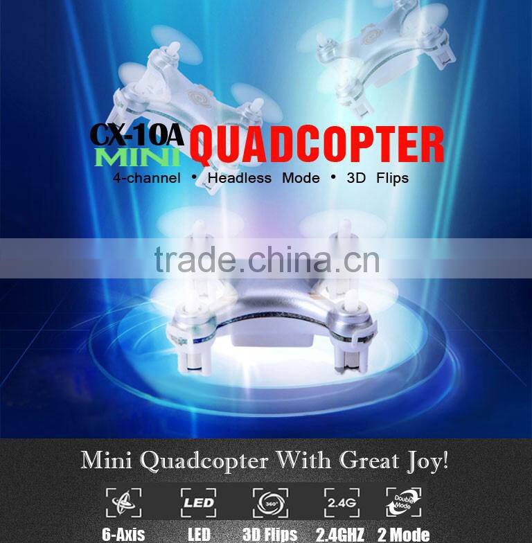 2015 hot sale 2.4G 4 CH 6-Axis Gyro CX-10A with light headless 3D flip helicopter
