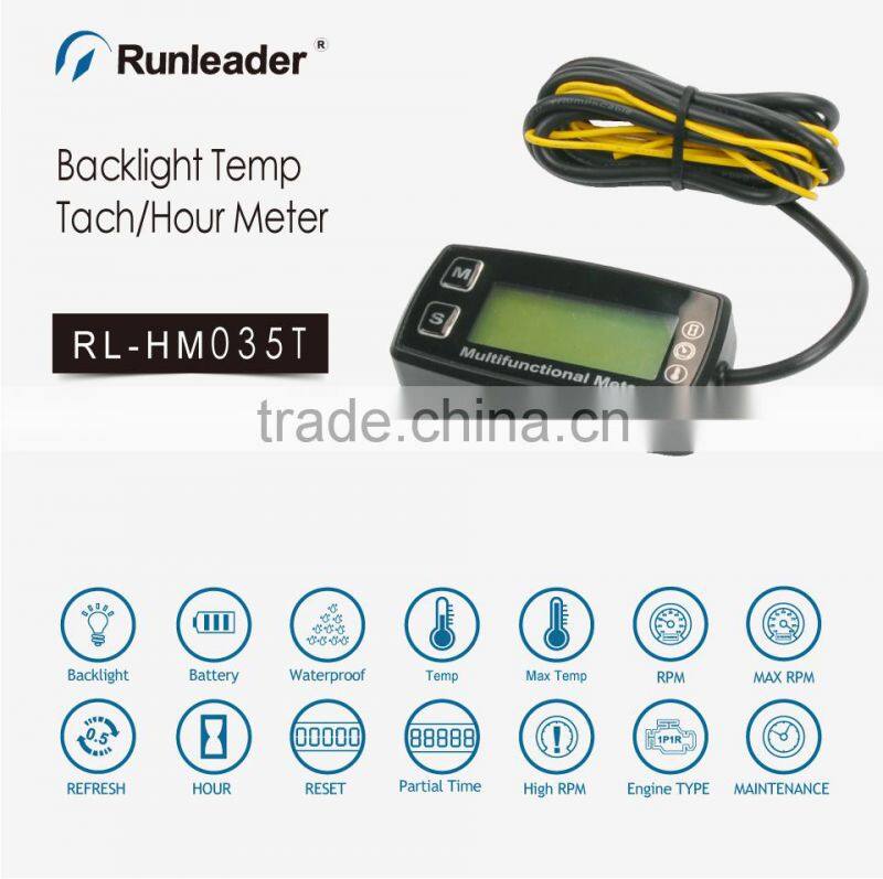 Digital LCD tach hour meter thermometer temp meter for gas engine motorcycle marine jet boat buggy tractor pit bike paramotor