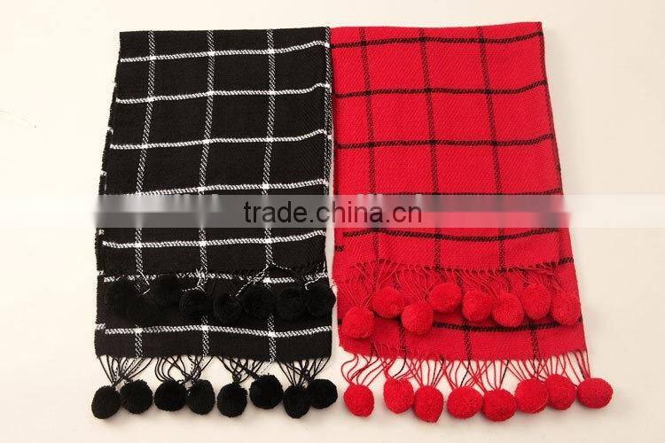 New Design Checked Plaid Acrylic Ball Fashion Ladies Winter Scarf