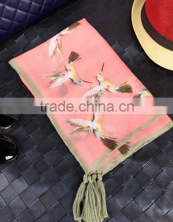 Fashion Beautiful Bird Print Large Thin Plain Cotton Square Scarf with Tassels