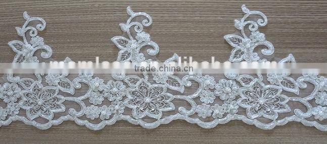 Embroidery ribbon and beaded corded bridal mesh lace
