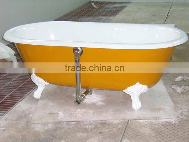 rectangular freestanding cast iron bathtub with wooden cradle