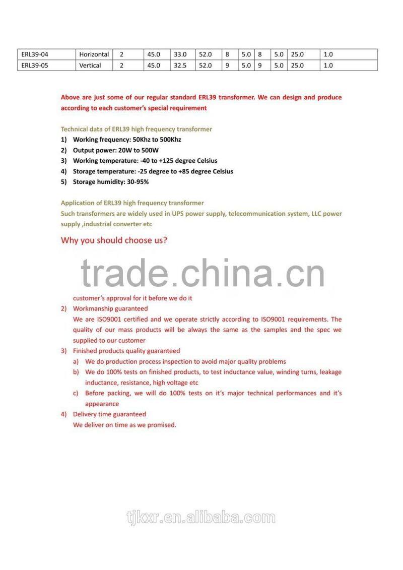 CE, ROHS approved, ERL39 high frequency transformer