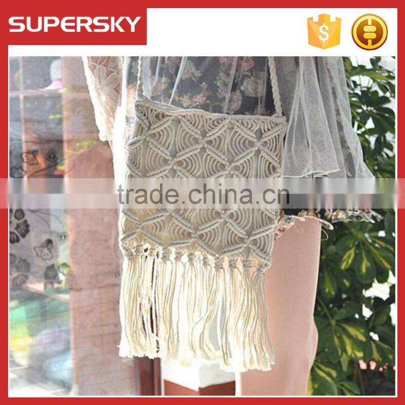 B903 Handmade crochet tassel white single shoulder lady bag bohemia beach retro tassel female bag