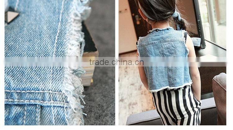 Wholesale Stylish Stud Pure Color Joker Sleeveless Girl Jeans Coat, Denim Children Cardigan