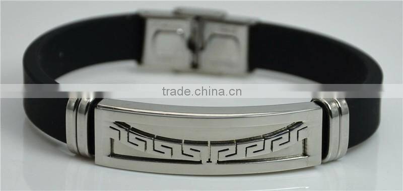 Simple Fashion Smooth Stainless Steel Bracelets Black Leather Wrist Bands Metal Buckle Weld Arc Shape Chinese Pattern Bracelets