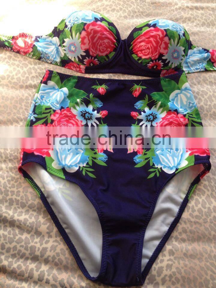 T1164 New Fashion and good quality women sexy beach wear high waist swimwear 2015 new style printed sexy bikini sets