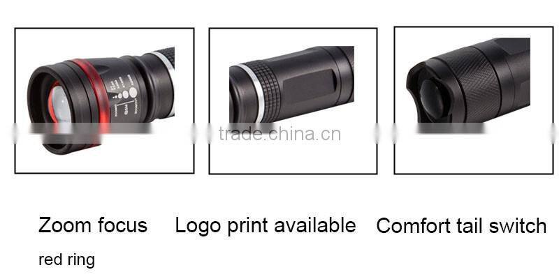 High power led torch light zoom dimmer strong light flashlight with red ring for warning led outdoor light