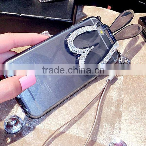 2015 New design rhinestone rabbit holder design tpu phone cases