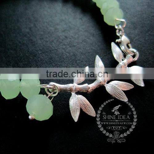 silver bamboo leaf branch charm summer ice green faceted glass beads fashion women wiring bangle bracelet 6490036
