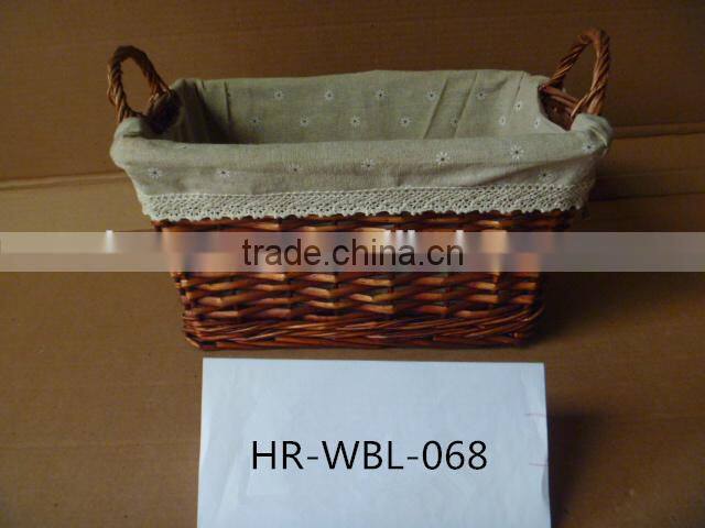 handmade rectangular wicker basket with grey cotton liner and handle
