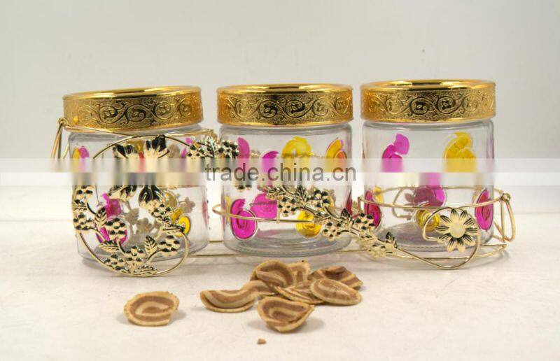 Set of 3 Glass Jar food container with Golden carving shelf